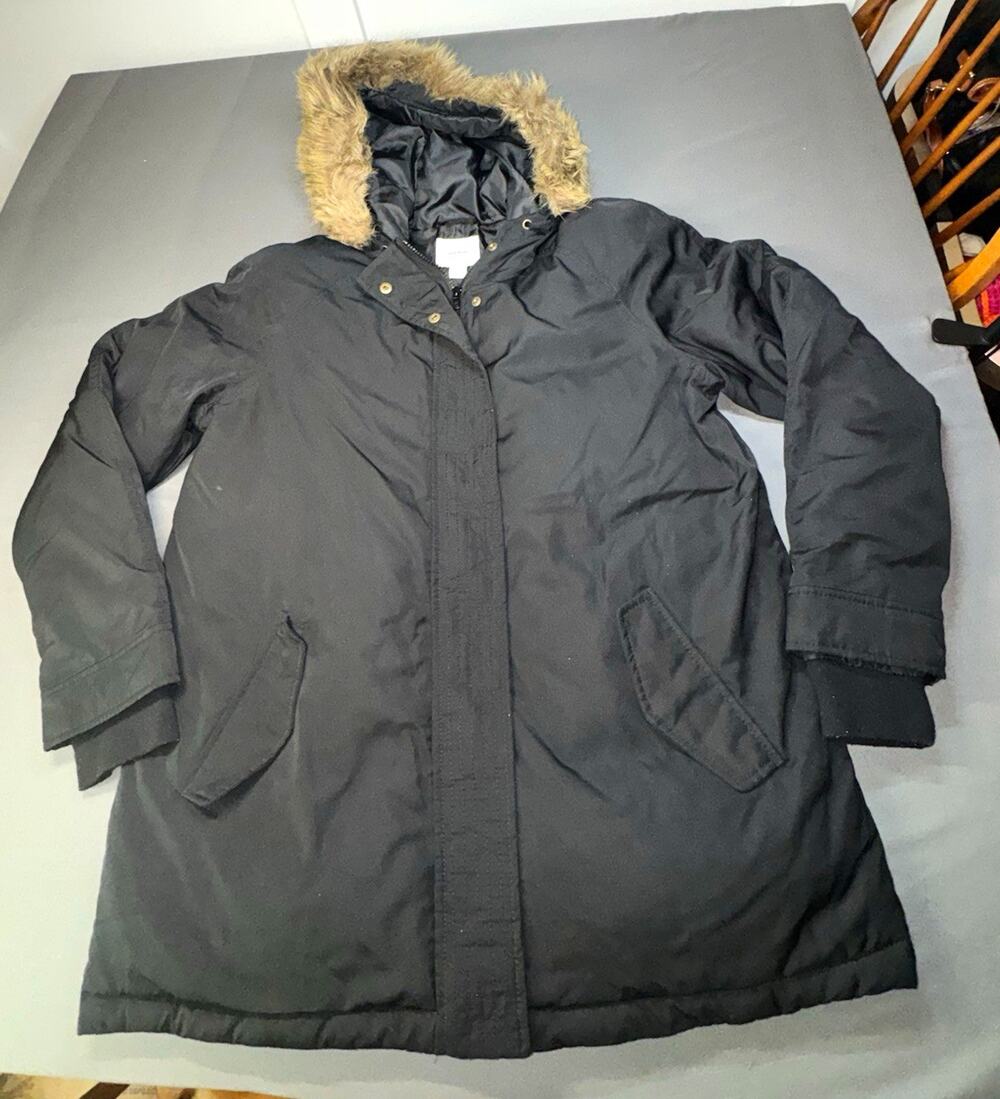 Old Navy Women’s Black Hooded Parka Coat Faux Fur Trim Lined Size L